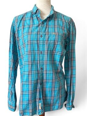 BURBERRY BRIT teal and navy Plaid Button-Down Shirt - Casual Long Sleeve